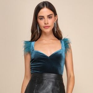 Lulus Fabulous Vibe Teal Blue Velvet Feather Sleeveless Bodysuit - Size M